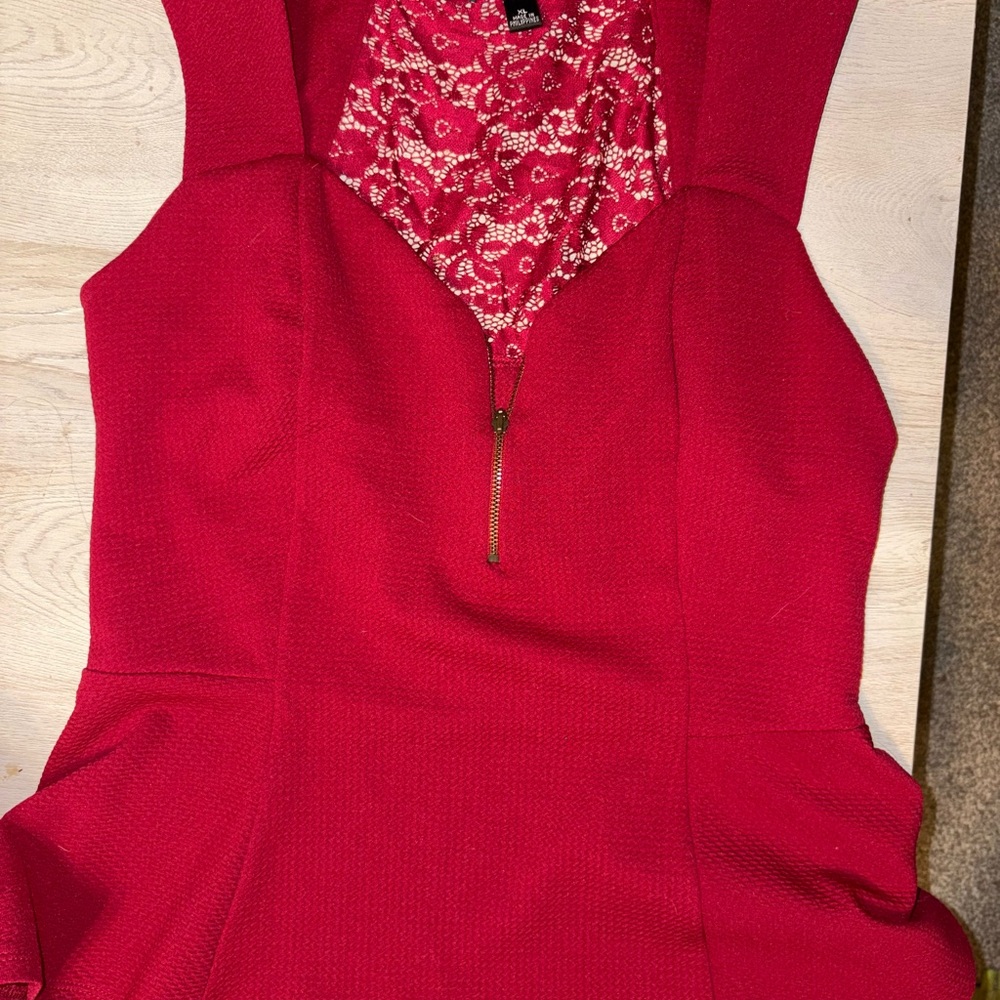 A. Byer Red Sleeveless Peplum Blouse with Lace Detail